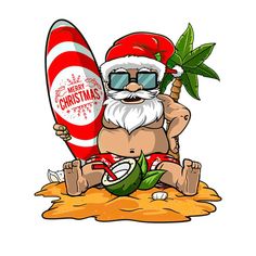 a cartoon santa claus sitting on the beach with a surfboard and palm tree in his hand