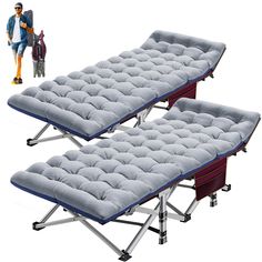 two folding beds with wheels are shown in front of an image of a man and woman