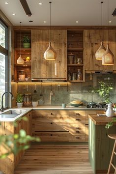 a kitchen with wooden cabinets and hanging lights