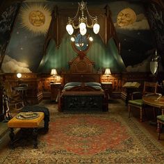 a bedroom with a large bed and lots of lights on the ceiling, along with an area rug that looks like it has been painted