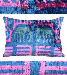 two blue and pink pillows sitting next to each other