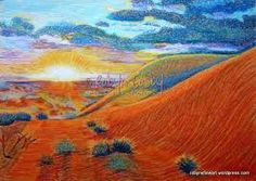 a painting of the sun setting over an orange field with blue sky and clouds in the background