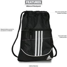 Easy Cinch Opening With Durable Cording Zippered Valuables Pocket To Hold Your Phone And Small Stuff Bold 3-Stripe Brand Adidas Adidas Bag Backpacks, One Strap Backpack, Large Backpack Travel, Adidas Backpack, Clear Backpack, Daypack Backpack, Gym Backpack, Adidas Bags, Adidas Classic