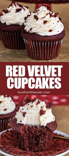 red velvet cupcakes with white frosting and chocolate sprinkles