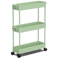 a green cart with three shelves and wheels on the bottom, one shelf has two handles