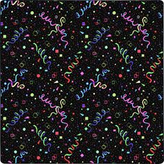 a black background with colorful confetti and streamers