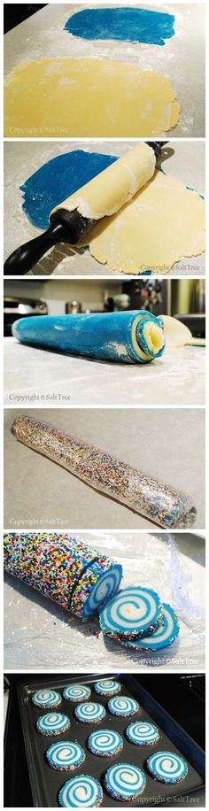 the process of making cookies with blue and yellow icing on them, including rolling out dough