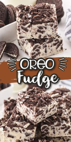 oreo fudge brownie bars stacked on top of each other with the words oreo fudge above them