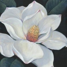 a painting of a white flower with green leaves