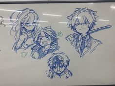 three anime characters are drawn on a whiteboard