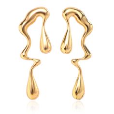 two pairs of gold earrings with curved ends and tears on each ear, set against a white background