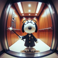 a stuffed dog dressed in a suit and glasses holding a wand while standing inside an elevator