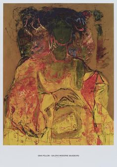 an abstract painting with various colors and shapes on the bottom half of it, depicting a woman sitting in a chair