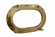 an open brass porthole with rivets and screws on a white background