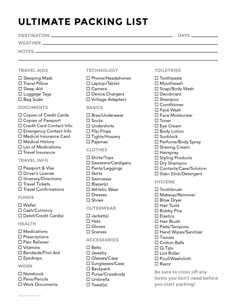 the ultimate packing list is shown in black and white, with text that reads ultimate packing list