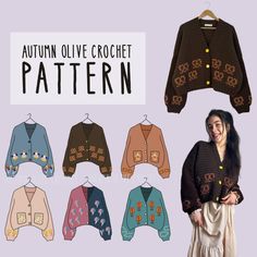 a woman standing in front of an assortment of sweaters and jackets with the words autumn olive crochet pattern