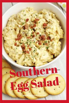 an egg salad in a bowl with crackers next to it and the title southern egg salad