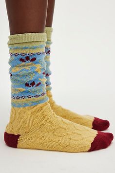 Just as cool as they are classic, these super cozy socks are featured in a tall, scrunch-able style with color blocking throughout and timeless, vintage-inspired printing for the perfect finishing touch. | Playing Koi Tall Nordic Socks by Reliable Of Milwaukee at Free People Multicolor Retro Winter Socks, Free People Socks, Nordic Socks, Film Costumes, Mother Hen, Tall Socks, Vintage Socks, Clothes Wishlist, Unique Socks