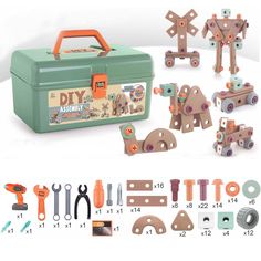 the diy assembly kit includes tools and construction kits for children to make their own wooden toys