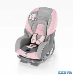 a child's car seat with hello kitty on the front and back seats in grey and pink