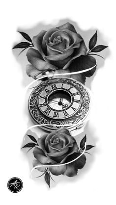 a black and white drawing of roses with a pocket watch on it's side