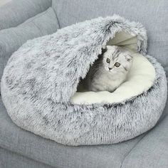 a cat is sitting in a fluffy bed on the couch and looks out from it's hole