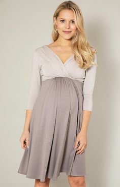 Colour blocking in neutral tones - the ultimate in refined dressing. Our ever-popular Willow Maternity Dress is now available in Almond Truffle. This superbly versatile design is your go-to staple for stylish day wear as well as evening chic. You will love the flattering cross-over neckline with clever gathers along its neckline, the soft stretch empire waist and 3/4 sleeves. Enjoy throughout your pregnancy and after for nursing. Neutral colour block tones Premium soft stretch jersey Empire wais Elegant Fitted V-neck Maternity Dress, Taupe Fitted V-neck Dress, Elegant Gray Ruched Dress, Elegant Maternity Dress In Cream, Elegant Maternity Dresses With Surplice Neckline, Elegant Ruched Maternity Dress For Spring, Elegant Beige Maternity Dress For Spring, Fitted Taupe V-neck Dress, Chic Taupe V-neck Dress