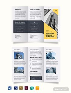 an open tri fold brochure with skyscrapers in the background and yellow accents