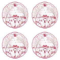 four red and white plates with winter scenes on the front, one is in the shape of a circle