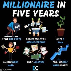 a poster with the words millionaire in five years and images of people doing different tasks