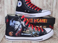 "FREE SHIPPING AND EVEN MORE DESIGNS WHEN YOU PURCHASE AT: WWW.CREEPYKICKS.COM DESCRIPTION: Our  Halloween Casual Canvas High Top Sneaker is ideal for everyday wear. Great with jeans or shorts this comfortable Chuck Tayler All Star shoe will be a great addition to any collection. FREE themed shoe box pictured above included. *100% REAL Converse *Light weight canvas upper *Lace up style *Rubber Bottom *Comfortable Foot bed *Classic All Star Ankle Patch *Orange Laces if available *Made to Order IF Horror Movie Converse, Converse Laces Ideas High Tops, Scream Merch, Halloween Converse, Horror Shoes, Custom Sneakers Diy, Bed Classic, Star Shoe, Converse High Top