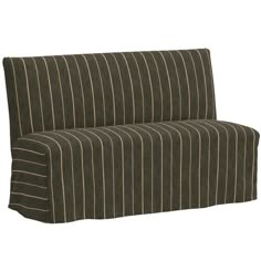 a brown and white striped couch with a black stripe cover on it's back