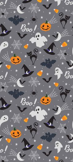 halloween seamless pattern with bats, pumpkins and ghost faces on grey background for wallpaper