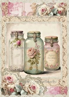 three glass jars with roses on them and lace around the edges, one is empty