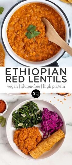 two bowls filled with red lentils and vegetables