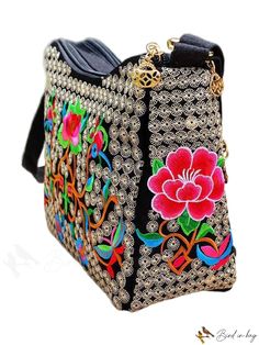 BirdinBag - Chic Vacation Crossbody Bag with Delicate Floral Embroidery and Small Zipper Embroidered Multicolor Hobo Bag, Rectangular Multicolor Embroidered Hobo Bag, Embroidered Satchel Hobo Bag For Daily Use, Multicolor Embroidered Tote Bag, Multicolor Floral Embroidered Shoulder Bag, Multicolor Floral Embroidery Shoulder Bag, Travel Shoulder Bag With Multicolor Floral Embroidery, Embroidered Black Hobo Bag For Daily Use, Black Embroidered Hobo Bag