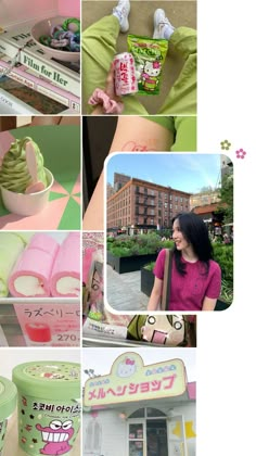 the collage shows many different things that are on display in this photo, including ice creams and candies