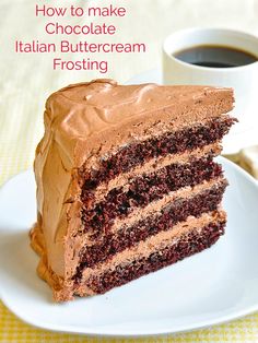 a piece of chocolate italian buttercream cake on a plate