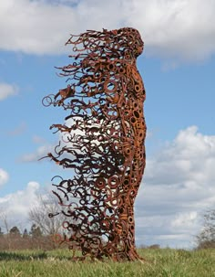 a tall metal sculpture sitting on top of a lush green field