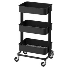 three tiered black plastic shelf on wheels