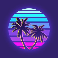 two palm trees in front of a purple and blue sunset