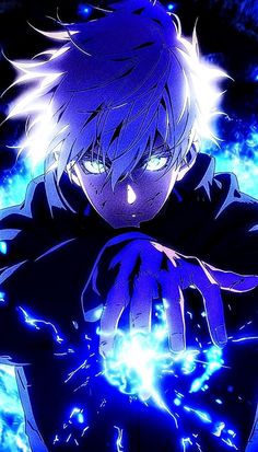 an anime character with white hair and blue eyes holding his hand up to the camera