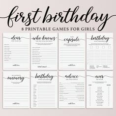 printable birthday games for girls with the words, first birthday and other things on them