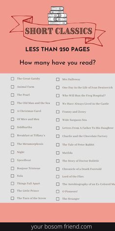 a checklist with the words short classes less than 350 pages how many have you read?