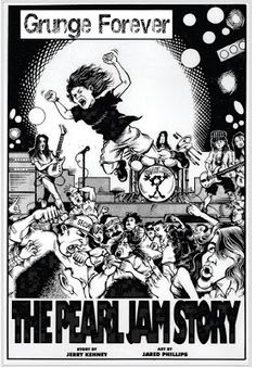 an advertisement for the pearl jam story, with cartoon characters in black and white ink