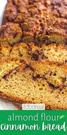 sliced loaf of almond flour cinnamon bread on a white plate with green text overlay