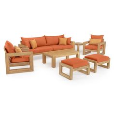 an outdoor furniture set with orange cushions and wooden frame, including two sofas and one coffee table