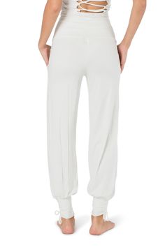 "White leggings, yoga boho pants, harem pants, loose fit wide trousers, comfy pants for travel, pants with pockets, balloon pants for women. Unique adjustable waist harem pants leggings, made of lycra and cotton, super comfortable and breathing natural fabric, stretchy and has 2 pockets. Fits for your daily sports activities, dancing, yoga, pilates, mindfulness etc. and for boho festivals and events. You'll never want to get out of it cause it's so comfy. This is a part of my new collection, whi Comfortable Yoga Joggers, Comfortable Stretch Harem Pants For Loungewear, Long Yoga Pants With Elastic Waistband For Loungewear, Comfortable Yoga Pants With Comfort Stretch, Comfort Stretch Pants For Yoga, White Stretch Harem Pants For Yoga, Athleisure Pull-on Pants, Comfortable Stretch Wide Leg Yoga Pants, Comfortable Yoga Pants With Loosely Fitted Hips For Relaxation