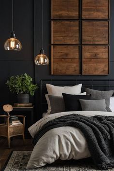 a bedroom with black walls, white bedding and wooden paneled headboard on the wall