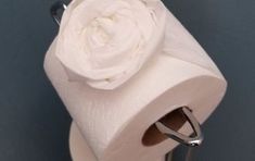 a roll of toilet paper sitting on top of a metal holder with a flower in it